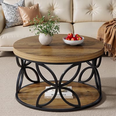 Tribesigns - Ronde Salontafel - 80 x 80 x 46 cm - 2-laags Salontafel met Opbergplank - Bijzettafel Bruin - Tafel - Sidetable voor Woonkamer, Thuiskantoor