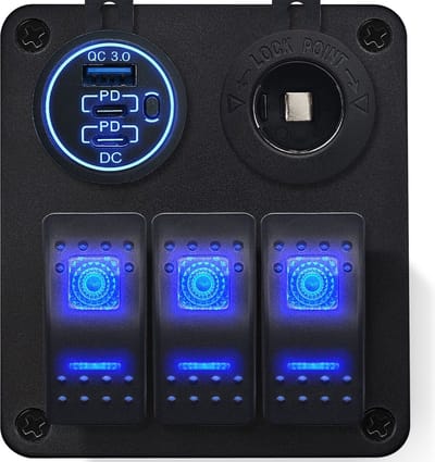 ProRide Schakelpaneel 12V voor Auto/Boot - USB/USB C Lader 3 Poorten met Sigaretten stopcontact - QC3.0 - 3 schakelaars