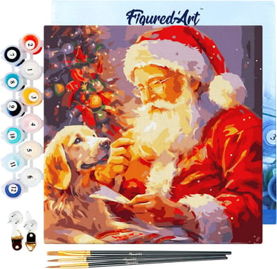 Figured'Art Mini Schilderen op Nummer Volwassenen 20x20cm met lijst Kerstman en een Hond - Klein Formaat Creatieve Hobby Kit DIY Art Nummer Compleet