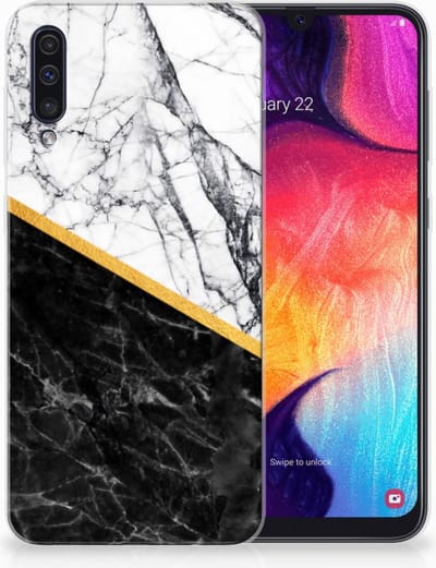 Samsung Galaxy A50 TPU Siliconen Hoesje Marmer Wit Zwart - Origineel Cadeau Man