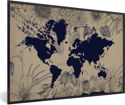 Poster in lijst - Fotolijst 90x60 cm - Posters - Wereldkaart - Bloemen - Blauw - Posterlijst zwart - Decoratie - Wanddecoratie woonkamer - Muurdecoratie slaapkamer