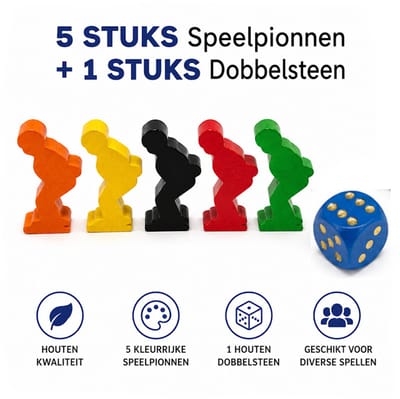 Decopatent - 5 STUKS Speelpionnen + 1 STUKS Dobbelsteen - Geschikt voor diverse Bordspellen - Houten Speelpionnen Set met Dobbelsteen - Kleurrijke Houten Speelstukken Meeples Figuren: Groen, Geel, Zwart, Rood, Oranje
