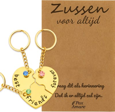 BFF Sleutelhanger voor 3 'Zussen voor altijd' - Hartje Puzzelstukjes & Kristal - Sleutelhanger set op Cadeau Kaartje Sleutelhanger set - Goudkleurig - Vriendschap Symbool - Pax Amare