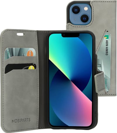 Mobiparts hoesje geschikt voor Apple iPhone 13 Mini - Wallet/Boekhoesje - Eco Leer - Magneet Sluiting - Opberg vakken - Grijs