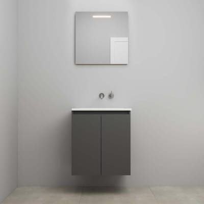 On-Line Badkamermeubelset - 60 cm - Bouwpakket - Greeploos 2 Deuren - Acryl Wastafel - zonder Kraangat - Spiegel met LED-Verlichting - Mat Antraciet