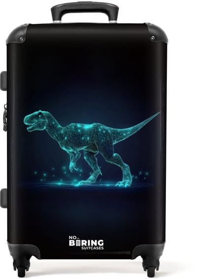 NoBoringSuitcases.com® - Kinderkoffer jongen - Kindertrolley jongens - Digitale T-Rex in blauw lichtveld - Koffer kind groot - Rolkoffer lichtgewicht - Reiskoffer met 4 wielen - Grote trolley XL - 20 kg bagage