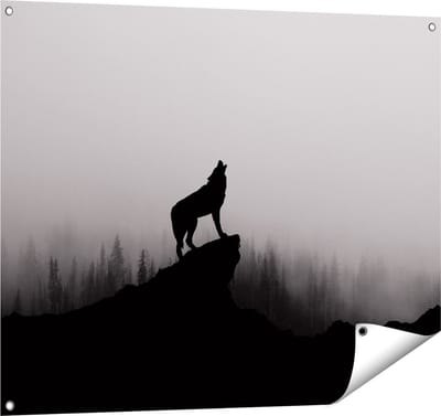 Gards Tuinposter Silhouet van een Huilende Wolf - Abstract - 100x80 cm - Tuindoek - Tuindecoratie - Wanddecoratie buiten - Tuinschilderij