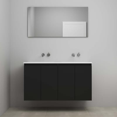 On-Line Badkamermeubelset - 120 cm - Voorgemonteerd - Greeploos 4 Deuren - Acryl Wastafel - zonder Kraangat - Spiegel - Mat Zwart
