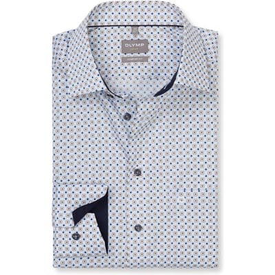 OLYMP Luxor comfort fit overhemd - dobby - wit met blauw dessin - Strijkvrij - Boordmaat: 40 (EU maat: M)