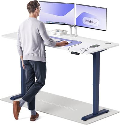Desktronic HomePro Zit-sta Bureau Elektrisch In Hoogte Verstelbaar, 180x80 cm Blauw/Wit, Stille Dubbele Motor, Hoogte 62-126cm