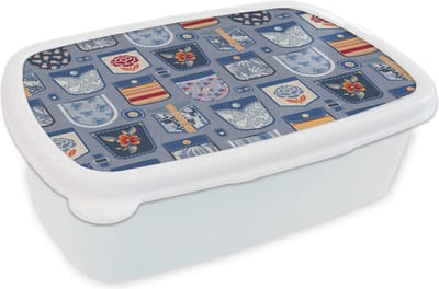 Broodtrommel Wit - Lunchbox - Brooddoos - Broek - Denim - Patch - Patronen - 18x12x6 cm - Volwassenen