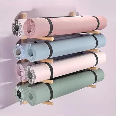 Yogamathouder - Opbergrek - Fitnessruimte Organiseren - Massief Houten Constructie - 4 Laags - Houtkleur
