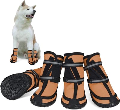 Hondenschoenen met pootbescherming, antislipzool en reflecterende riemen voor middelgrote en grote honden - Waterdichte sneeuwschoenen, 4 stuks, Oranje, L