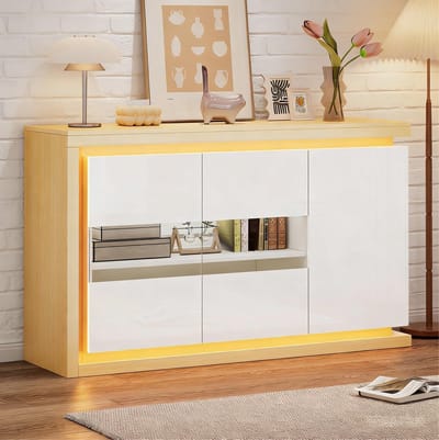 OKWISH Dressoir – Met Led Verlichting – 140 x 40 x 84 cm – 3 Deuren – Verstelbare Planken En Vitrinekast – Hoogglans Wit