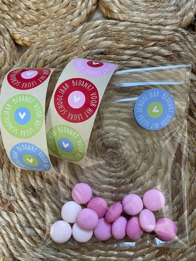 25 Uitdeelzakjes / Traktatie zakjes + 25 Stickers Bedankt voor het leuke schooljaar - 4 assorti | School traktaties - Afscheid - Vakantie - Cellofaan zakjes - Transparant - Uitdelen | Peuterspeelzaal - Kinderopvang - Bedrijf | DH collection