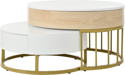 Ronde Salontafel Set - In Hoogte Verstelbaar - MDF & Metaal - Woonkamer - Wit met Houtlook