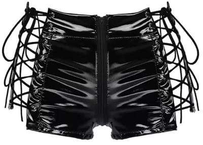 BamBella® Korte broek - Maat S/M - Wetlook short Dames - Roze Datex mix latex en stof ondergoed kleding met vetersluiting