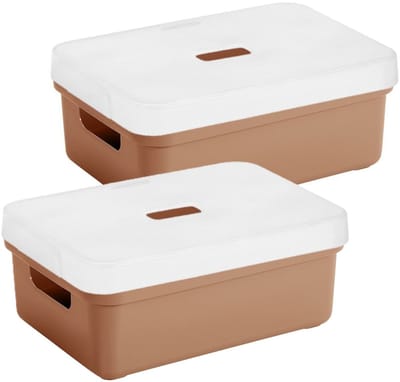 Sunware Opbergboxen met transparante deksel - 2x stuks - kastmanden - terra - 9 liter - kunststof - 35 x 25 x 12 cm - Opbergers