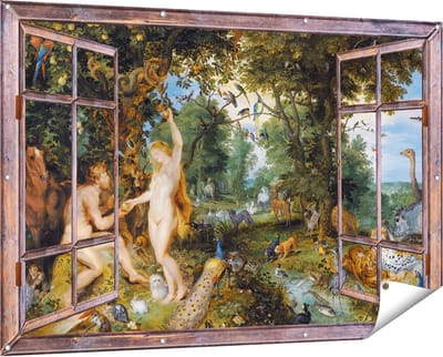 Gards Tuinposter Doorkijk Het Aardse Paradijs met de Zondeval van Adam en Eva - Jan Brueghel - 150x100 cm - Tuindoek - Tuindecoratie - Wanddecoratie buiten - Tuinschilderij