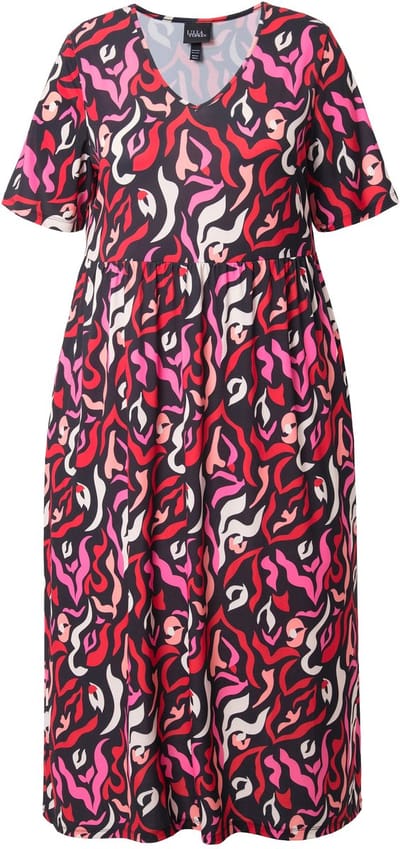 Ulla Popken - Dames - Maxi-jurk A-lijn V-hals korte mouwen zakken - Zwart - Maat 50+