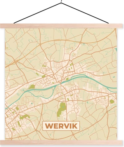 Posterhanger incl. Poster 40x40 cm - Schoolplaat - Plattegrond - Retro - Kaart - Wervik - Stadskaart - Textielposter - Blanke latten - Stadskaart