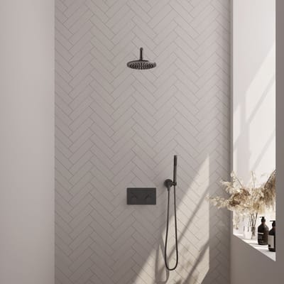 Brauer Gunmetal Edition thermostatische inbouw regendouche met drukknoppen SET 51 met 20 cm douchekop en gebogen muurarm en staaf handdouche en doucheslang en wandaansluitbocht gunmetal geborsteld PVD