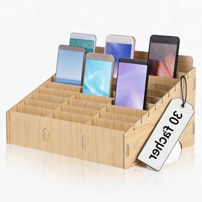 Mobiele Telefoon Opbergdoos met 30 Compartimenten - Houten Telefoonhouder Organizer voor Kantoor, Vergadering en Klaslokaal in Khaki