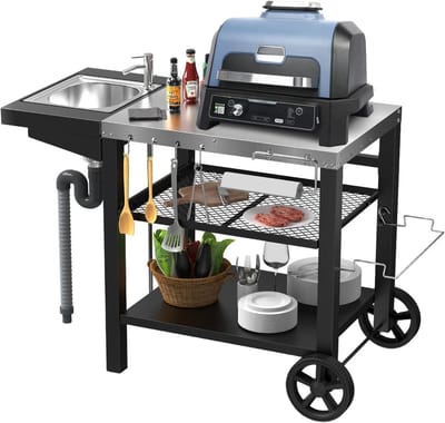 Grill Trolley met Spoelbak 107 x 63 x 81 cm, Perfect voor Buiten, Barbecue en Pizza Oven, Weerbestendig en Functioneel