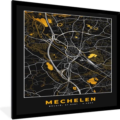 Fotolijst incl. Poster - Stadskaart - Mechelen - Goud - Plattegrond - Kaart - 40x40 cm - Posterlijst