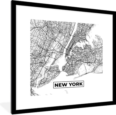 Fotolijst incl. Poster Zwart Wit- New York - Stadskaart - Zwart Wit - Plattegrond - Kaart - 40x40 cm - Posterlijst