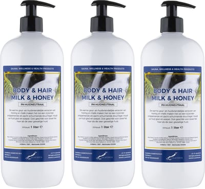 Body & Hair Milk & Honey 1 Liter - met gratis pomp - set van 3 stuks - 2 in 1 voor lichaam en haar.