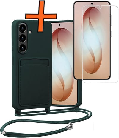 Hoesje Geschikt voor Samsung S26 Hoes Met Telefoonketting Met Screenprotector - Backcover Geschikt voor Samsung Galaxy S26 Case Met Koord - Donkergroen