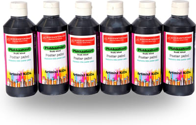 Plakkaatverf 250ml Zwarte Plakkaatverf | Set van 6 | Voor Volwassenen en Kinderen | Uitwasbaar en Niet-Giftig | Geschikt voor Papier en Hout | Trendy Kleuren Waterbasis | Schilderspakketten voor Kinderen