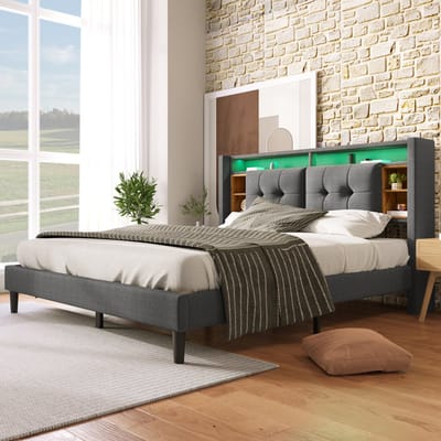 Sweiko Zacht Kussenbed Met Dubbel Opberghoofdeinde,Uitgerust met oplaad USB en LED verlichting, houten frame, 140x200CM Grijs (zonder matras)