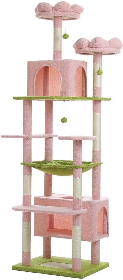 Kattenu MeowMansion XL - Grote Krabpaal Voor Grote Katten - Grote Krabpaal XXL katten - Roze/groen - 205 cm hoog