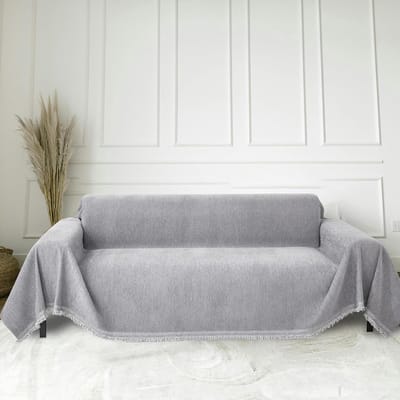 Antislip Chenille Bankovertrek met Franjes voor Woonkamer - Lichtgrijs (180x230 cm)