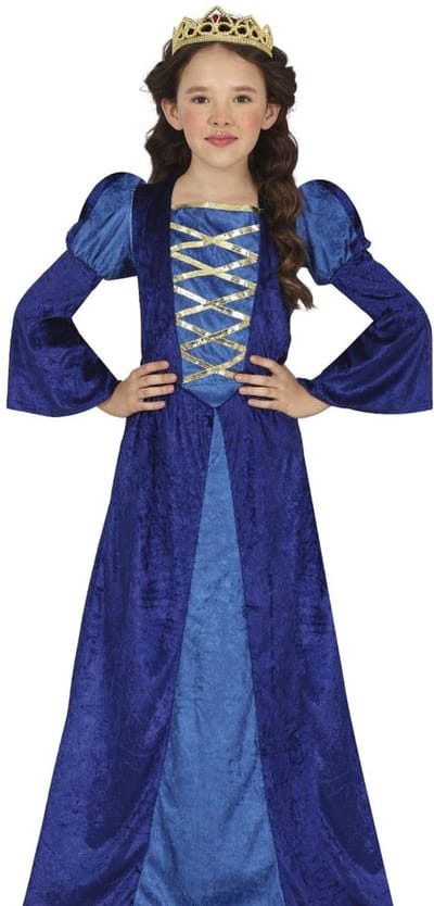 Fiesta Guirca Jonkvrouw/middeleeuwse prinses verkleed set - blauw - luxe prinsessenjurk - voor kinderen 140/152