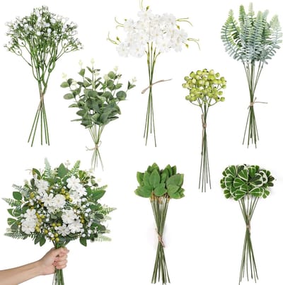 65 Stuks Kunstbloemen en Takken, 8 Soorten Groene Bladeren en Witte Bloemen, Decoratieve Planten voor DIY Boeketten en Bloemarrangementen