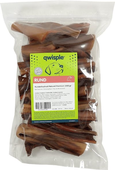 Qwisple Runderkophuid Naturel Premium - Hondensnacks Natuurlijk Gedroogd - 1000 gr