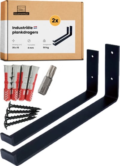 GoudmetHout Industriële Plankdragers L-vorm UP 35 cm - Staal - Mat Zwart - 4 cm x 35 cm x 15 cm - Plankendrager