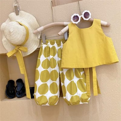 Koreaanse Mode Pastorale Backless Pak Dunne Pullover Meisjes Vest Top Stippen Knickerbockers Drie Delig Katoen 90cm yellow