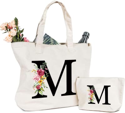 Allecto Plus - Linnen Tas Met Initialen en Bloemen - Katoenen Canvas Shopping Bag voor Bruid - Cadeau Idee Moeder Verjaardag - Bruiloft Nor.