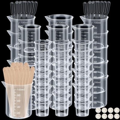 Thijox - 106 stuks plastic maatbekers 30/50/100 ml herbruikbare kunststof mengbekers met roerstokjes en druppelaars - hittebestendige maatbekers voor