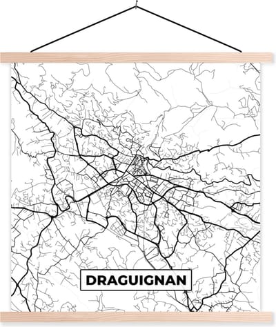 Posterhanger incl. Poster 40x40 cm - Schoolplaat - Stadskaart - Plattegrond - Kaart - Frankrijk - Draguignan - Zwart wit - Textielposter - Blanke latten - Stadskaart