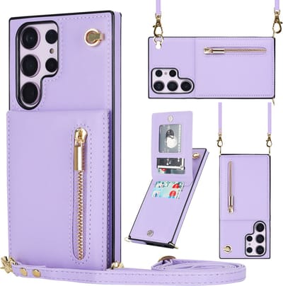 Geschikt Voor Samsung Galaxy S23 Ultra Hoesje Met Koord - Solidenz Portemonnee Hoes S23 Ultra - Telefoonhoesje Met Koord S23 Ultra - Wallet Case - Cover Hoes Met Koordje - Paars