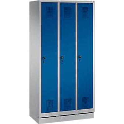 kleerkast Evolo S 3000, 3 compartimenten, staal, sokkelhoogte 100 mm, veiligheidsslot met draaislot, wit aluminium/enziumblauw