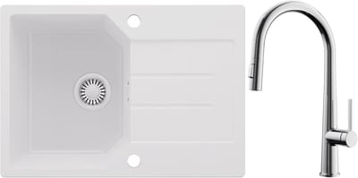 Anycee MAX Granieten Spoelbak 65x45CM - Spoelbakken Keuken Wit - Wasbak Keuken Met keukenkraan met uittrekbare uitloop - Spoelbak Met Planchet en Afdruiprek - Spoelbakken Incl. Sifon en Afvoerzeefje