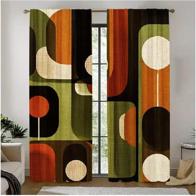 Moderne Retro Geometrische Mid Century Patroon Gordijnen Ontworpen Lichtblokkerend Premium Materiaal Geschikt Woonkamer Set Van 2 Gemaakt Polyester W100*H270(CM)-Hooks&2PCS