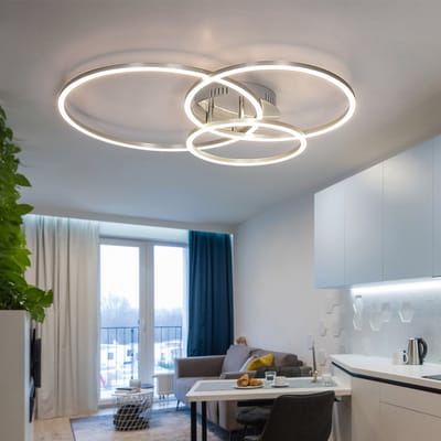 Plafondlamp designlamp woonkamer plafondlamp 3 vlammen, ring design metaal wit opaal nikkel, LED 40 watt 1770 lumen warm wit, HxLxB 10x68x55cm