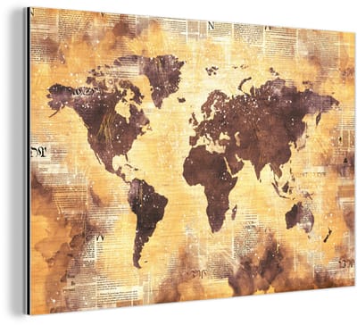 Aluminium schilderij 180x120 cm - Wanddecoratie metaal - Wereldkaart - Glitter - Goud - Metalen muurdecoratie woonkamer - Decoratie industrieel - Foto op dibond - Industriële accessoires slaapkamer